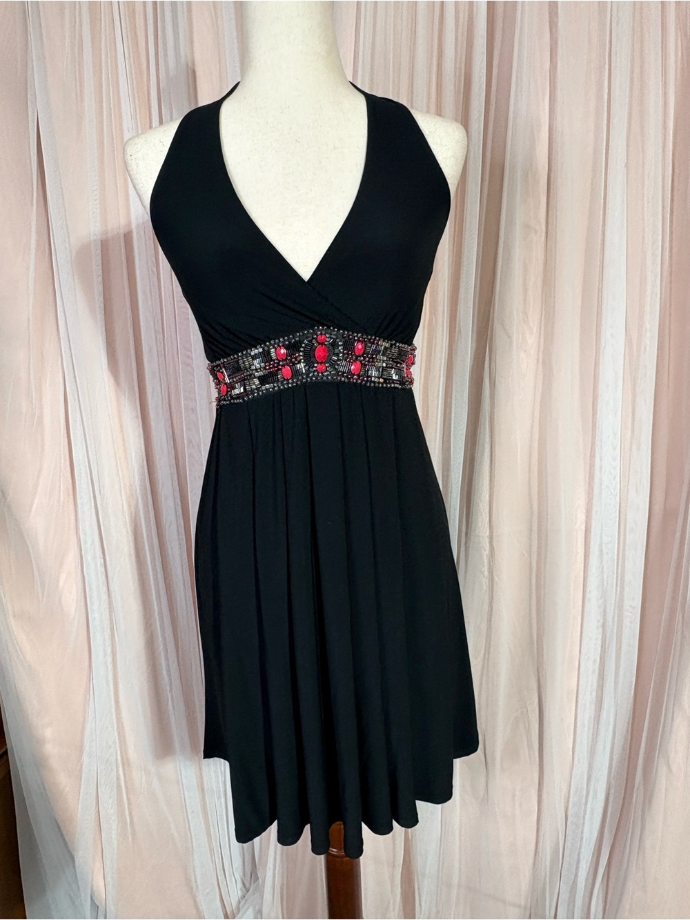 White House Black Market Black Halter Dress 00 Beaded Jeweled Y2K Party Cocktail